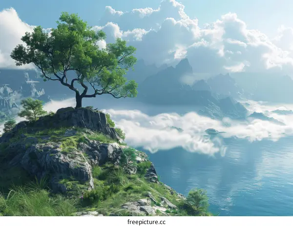 Fantasy Mountain Peaks Over Serene Lake In Idyllic Landscape