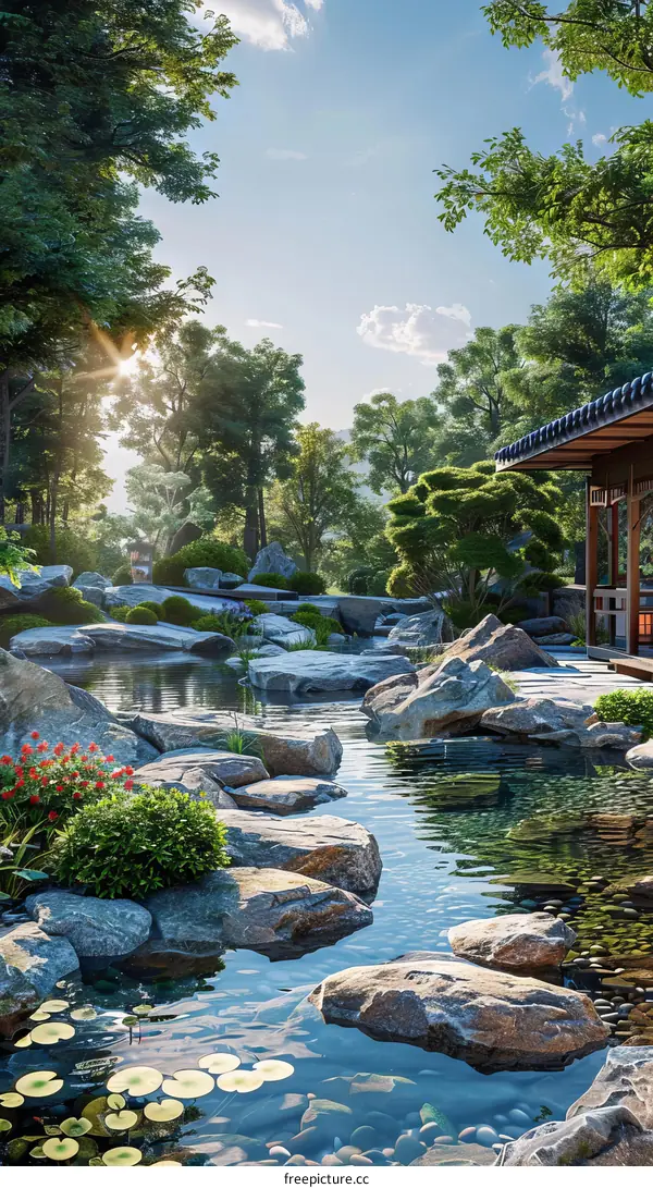 Chinese Garden Landscape Photo with Pavilion
