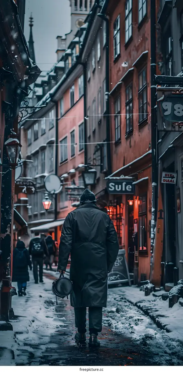 Man Walking Through Snowy Alleyway In European City