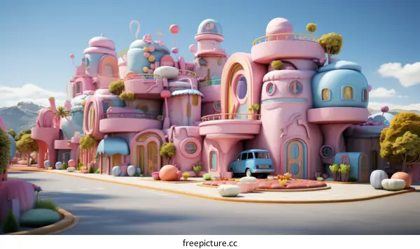 A Whimsical and Colorful 3D Rendering of a Pink and Blue Cartoonish Cityscape with Bulbous Buildings and a Blue Car Parked in Front