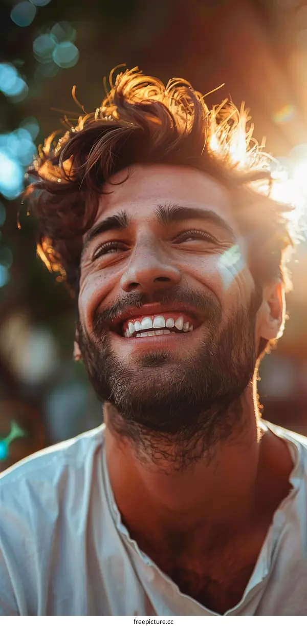 Happy Man with Curly Hair Outdoor Portrait