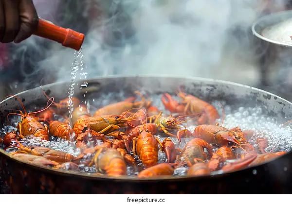 A large pot of boiling crawfish