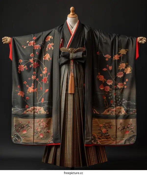 A kimono with a pattern of cherry blossoms and cranes.