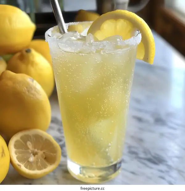 Lemonade with Lemon Slice and Ice in Tall Glass