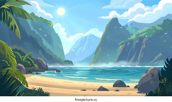 Tropical Beach with Lush Green Mountains
