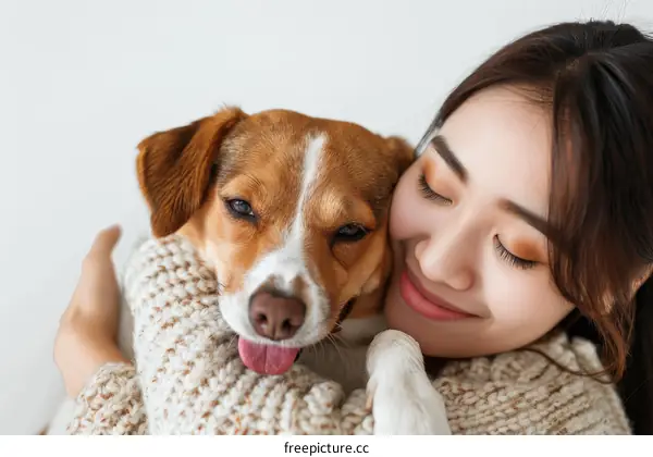 A young woman is hugging a small dog.