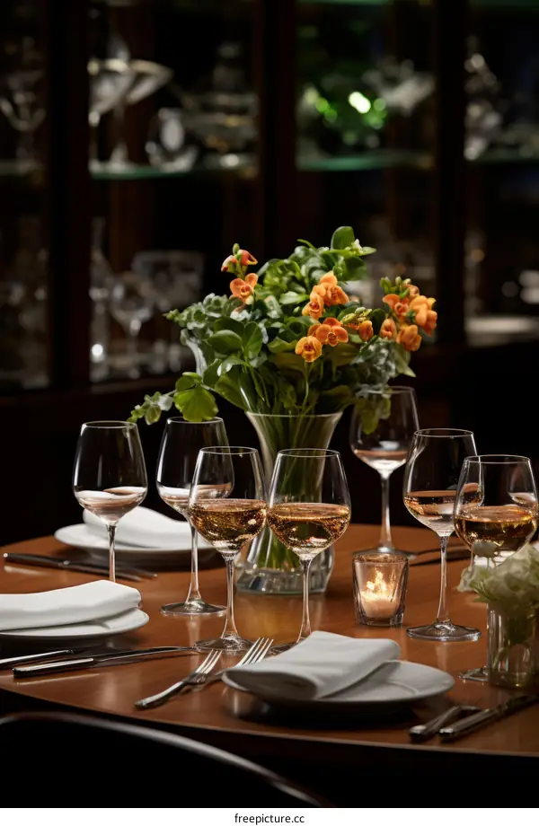 Elegant table setting with wine glasses and flowers