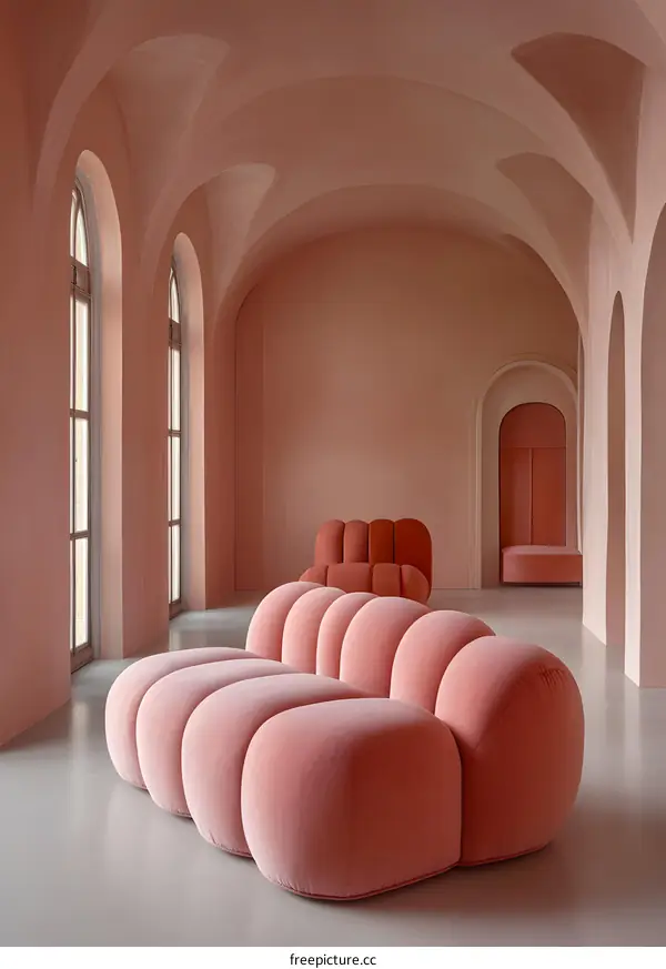 Pink Velvet Sofa in an Elegant Room with Arched Windows