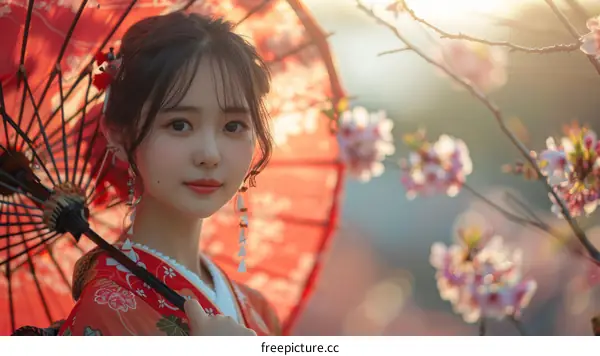 Portrait of a young woman in a kimono holding a red umbrella
