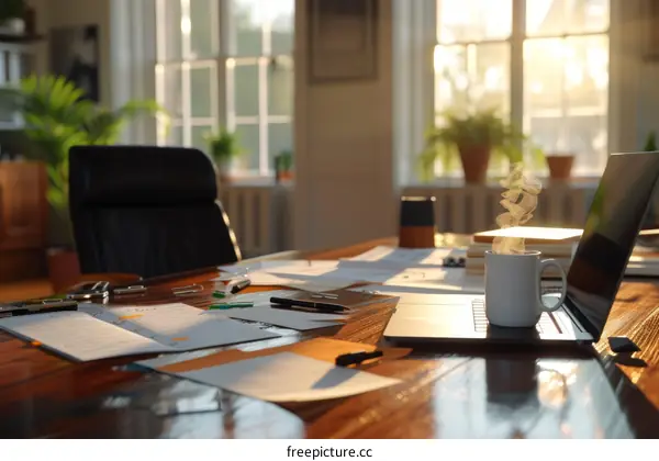 An inviting home office bathed in warm sunlight