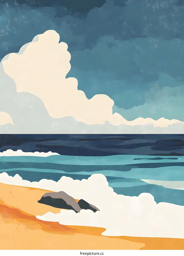 Beach Landscape with Clouds and Ocean Waves