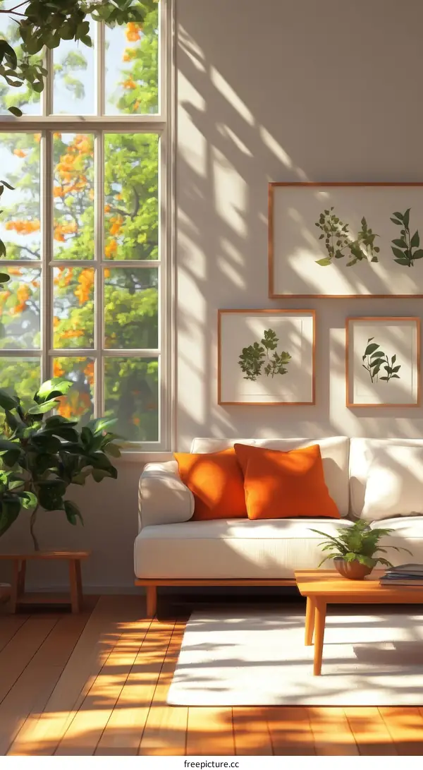 Sunny Living Room Illustration with Plants and Artwork