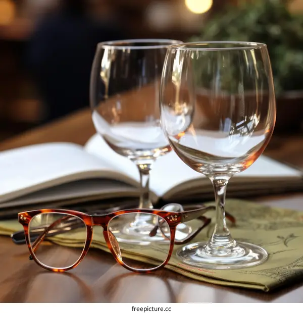 glasses and wine glasses on a table with a book