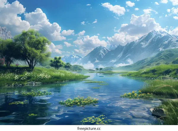 Serene Mountain Lake with Blooming Flowers