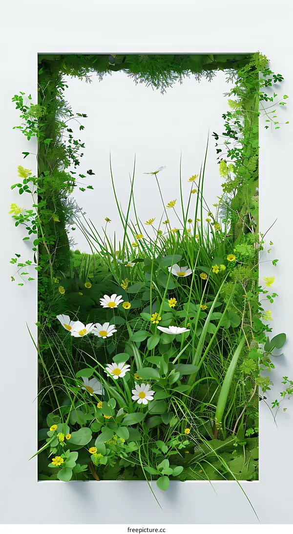 Green Grass and Daisies in a White Frame