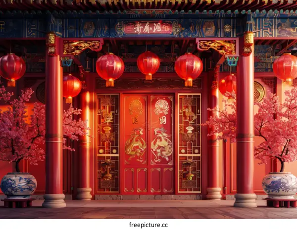 Traditional Chinese Architecture with Red Lanterns and Cherry Blossom Trees