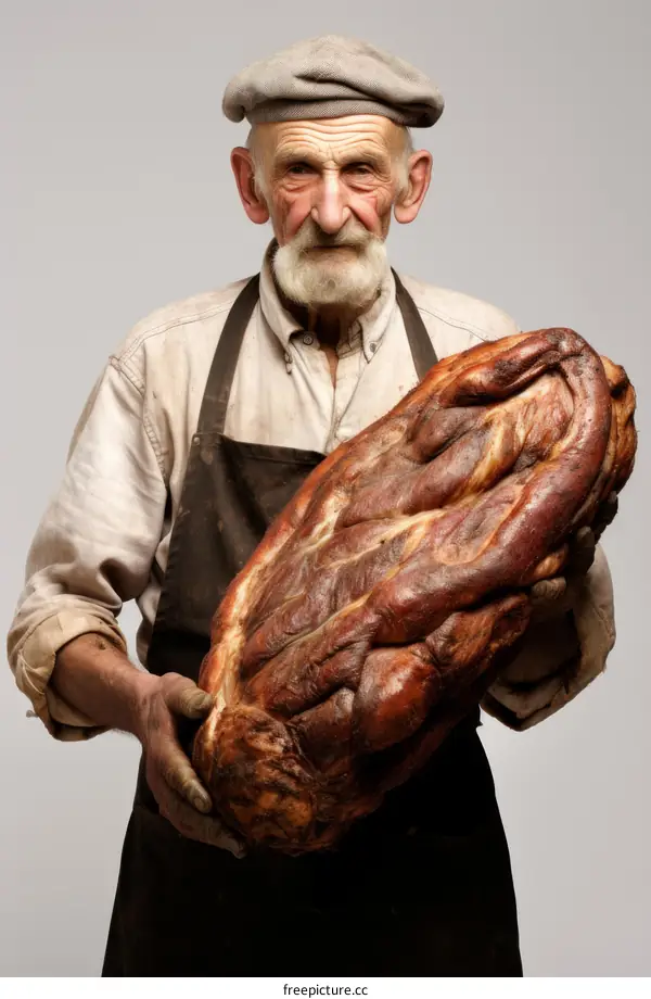 An old man holds a large piece of meat in his hands