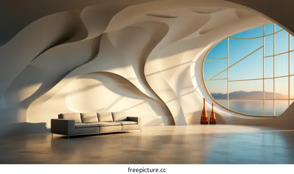 Futuristic interior design living room with large window and ocean view