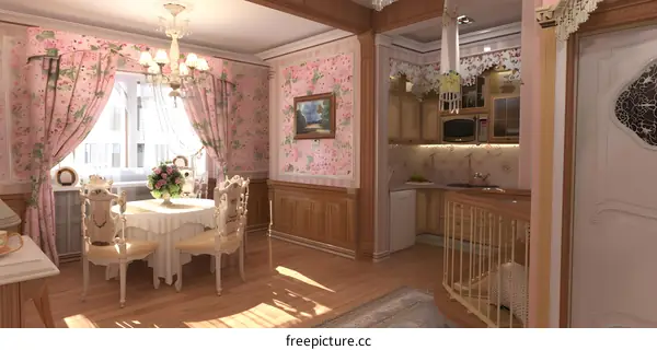 Vintage Style Dining Room Interior Design With Pink Floral Wallpaper