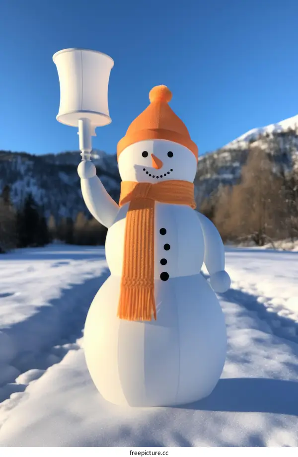 3D rendering of a snowman holding a lamp in a snowy field