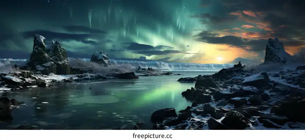 Aurora borealis landscape with snow covered rocks and mountains under starry night sky
