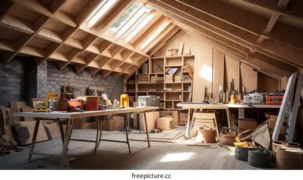 A large attic space with wooden beams and skylights