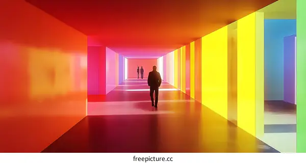 Colorful Corridor With Silhouettes of Three People Walking