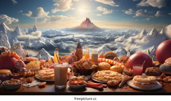 A table full of food with a mountain landscape in the background