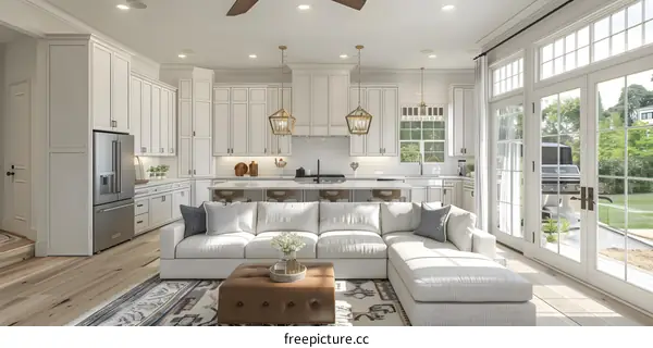 Modern Kitchen and Living Room Interior Design with White Cabinets and Sectional Sofa