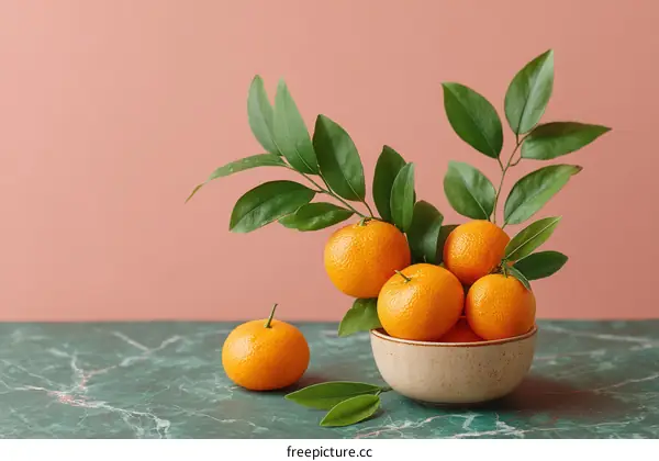 Fresh Tangerines in a Bowl with Leaves