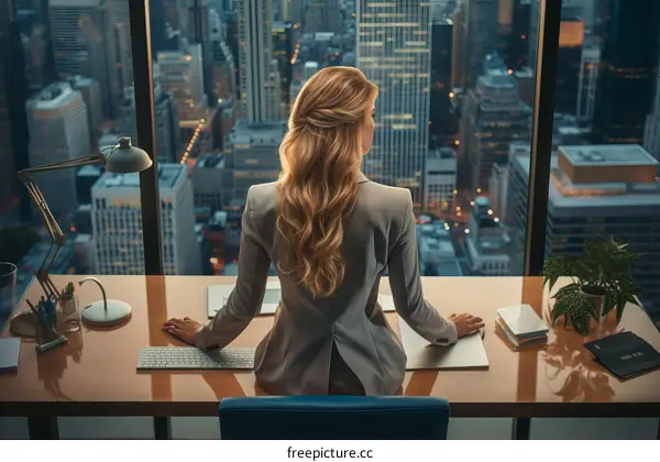 Businesswoman looking out at the city from her office window