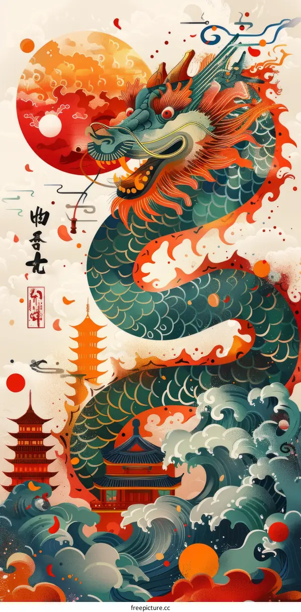 Illustration of a green and red dragon with a red sun and blue waves