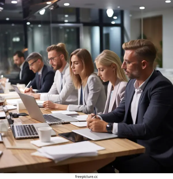 Business professionals in a meeting discussing ideas and taking notes