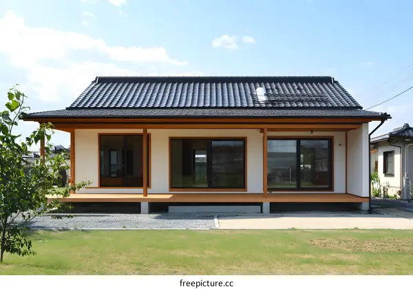 Modern Japanese Style House with Wooden Deck and Black Roof Tiles