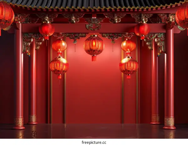 Red Pavilion with Hanging Lanterns in Chinese Style
