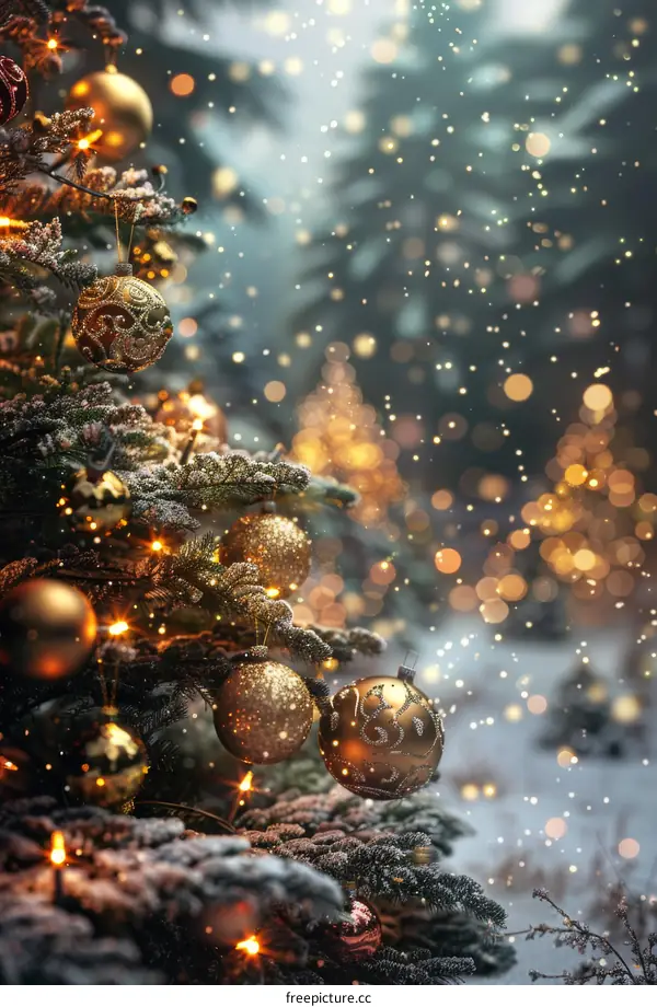Christmas Tree with Ornaments in Snowfall
