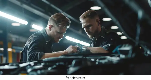 Two mechanics are working on a car engine in a garage.