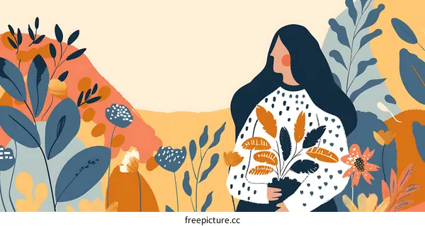 Woman with Flowers in a Garden Illustration