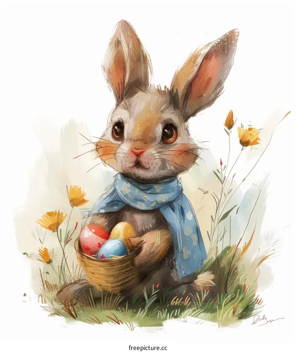 Adorable Bunny with Easter Eggs in Basket