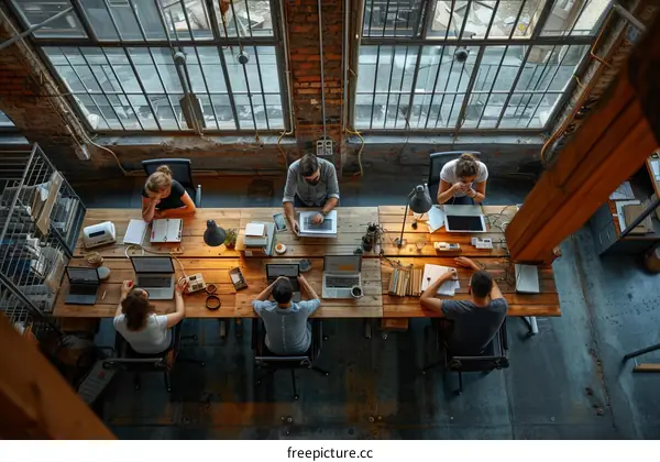 Colleagues working together at a long wooden table in a loft office