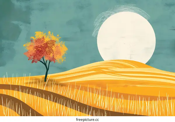 Abstract Autumn Landscape With A Tree And Full Moon
