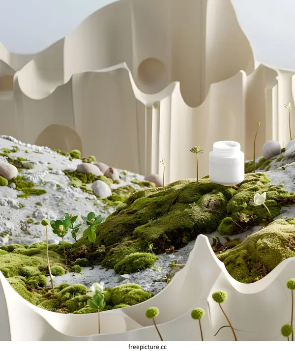 White Cream Jar on Green Moss and White Stone Background