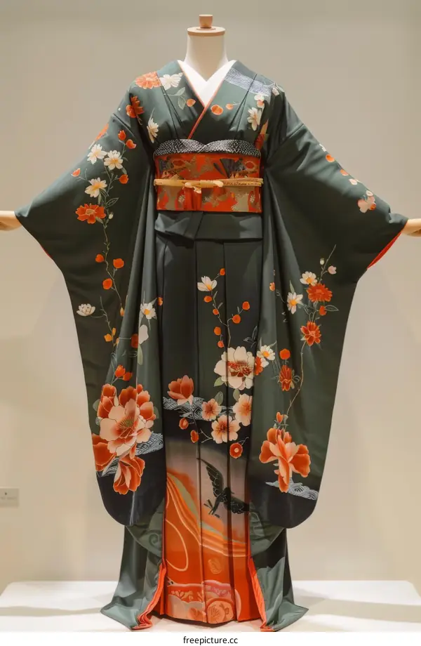 A woman wearing a green kimono with floral patterns