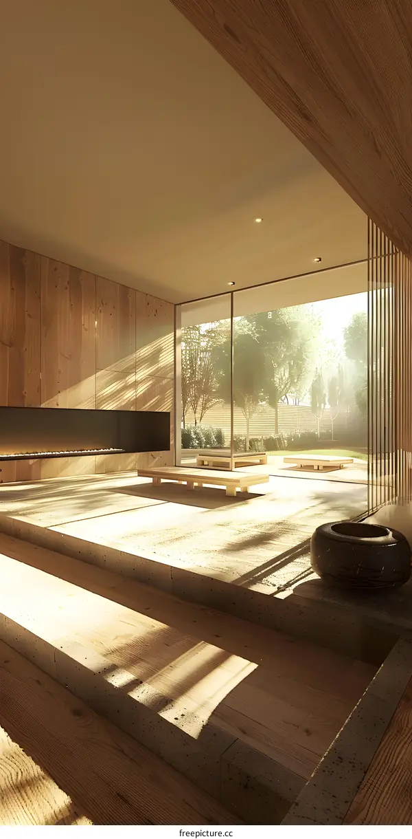 Modern Minimalist Architecture Design with Large Window and Wooden Floor