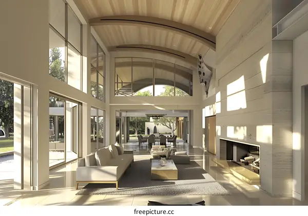 Modern Home Interior Design with High Ceilings and Large Windows