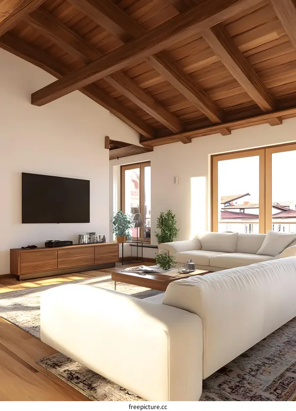 Modern Living Room With Wooden Beam Ceiling And Large Windows