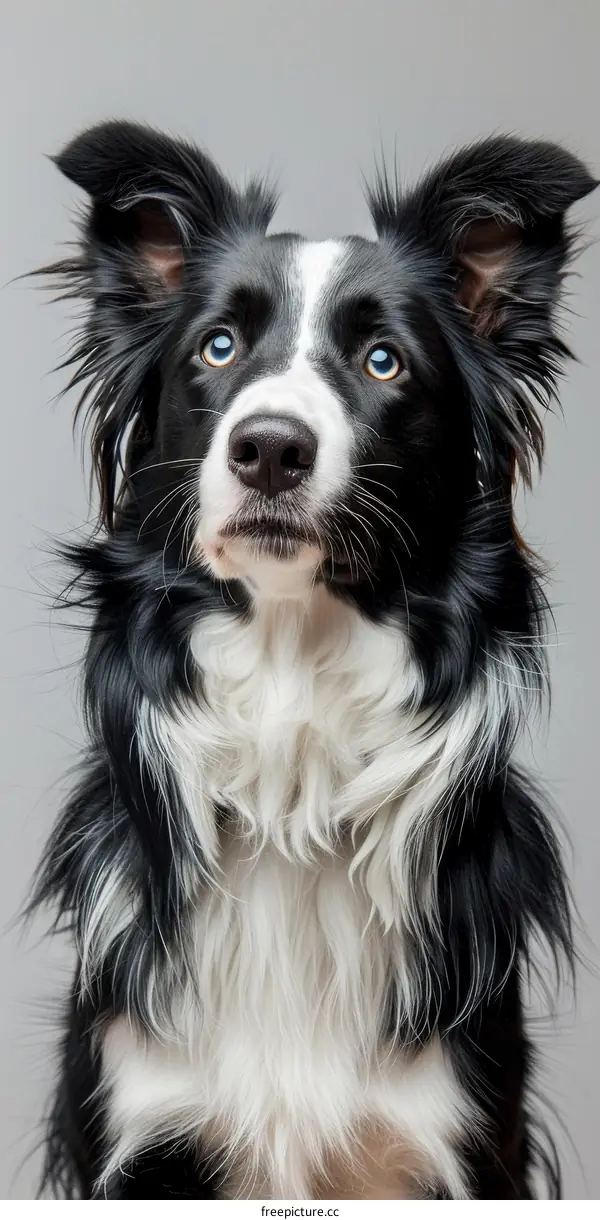 A Border Collie stares at the camera with its mouth slightly open and its ears perked up.