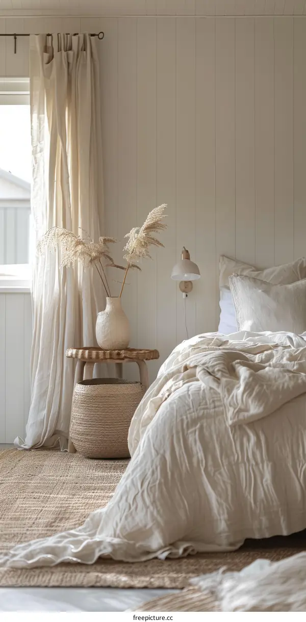 A cozy bedroom with a neutral color palette