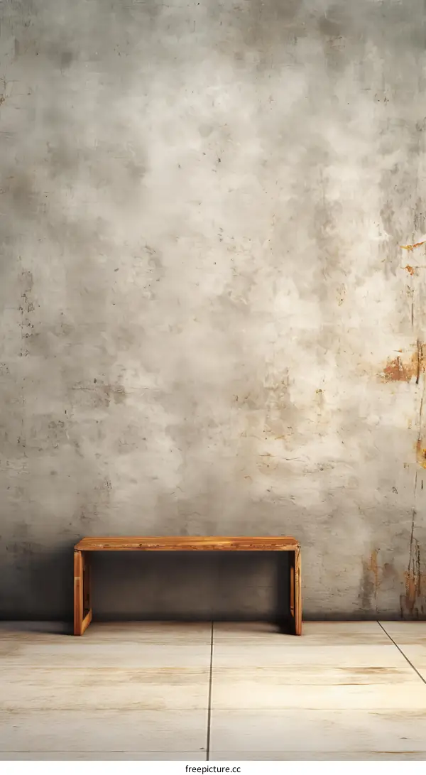 Stylish wooden bench against grunge wall backdrop