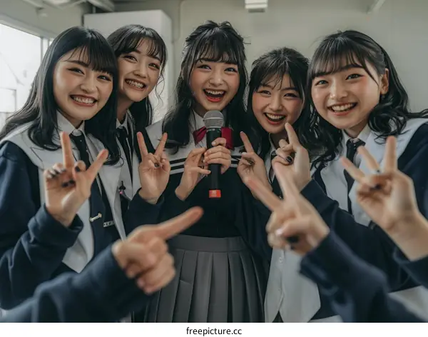 Five Japanese school girls in sailor服 pose for a photo